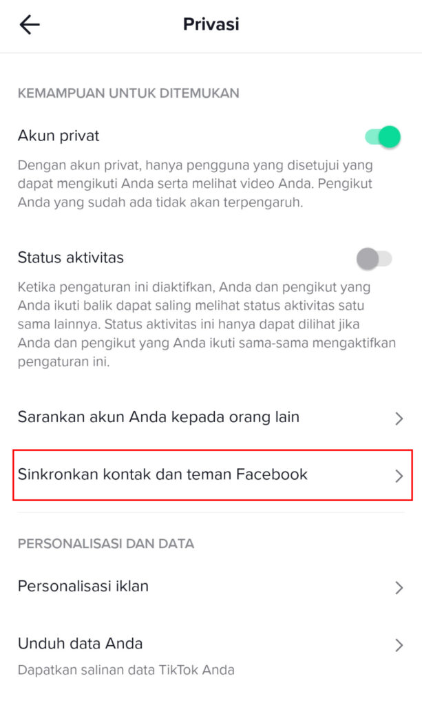 Cara Menyembunyikan Akun TikTok dari Kontak Teman - sinkronkan teman dan kontak facebook