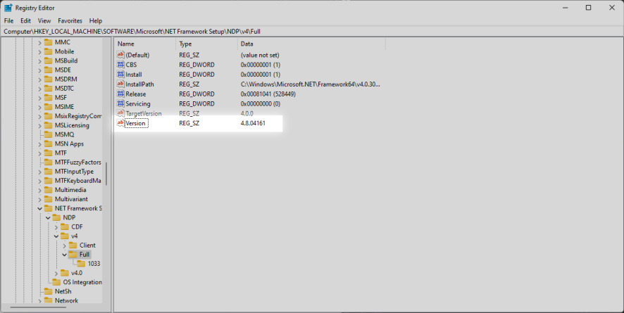 cek net framework windows 10 - registry editor