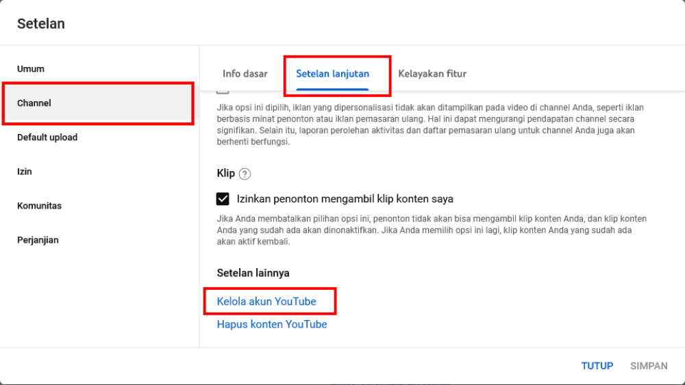 cara menghapus channel youtube
