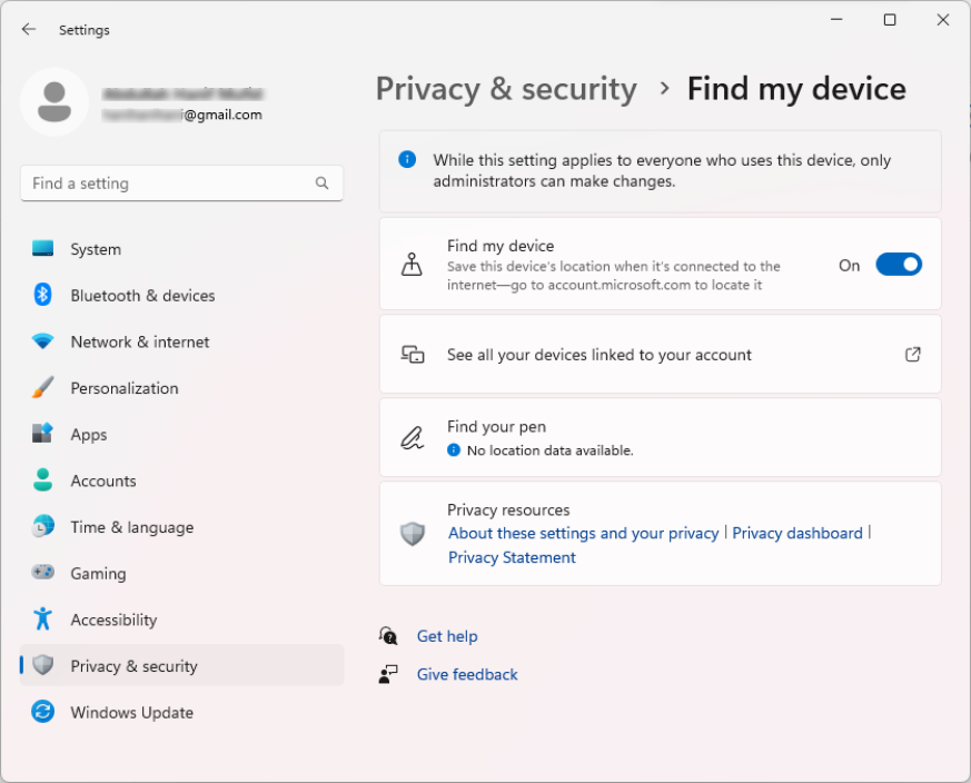 lacak laptop hilang - setting - privacy & securty - find my device blurred