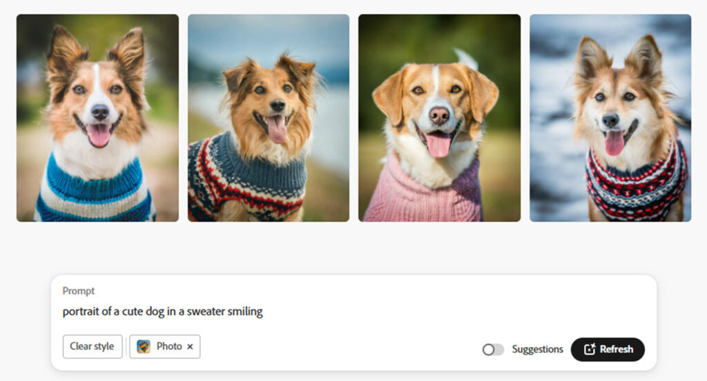 tips adobe firefly - potrait of a cute dog in a sweater smiling